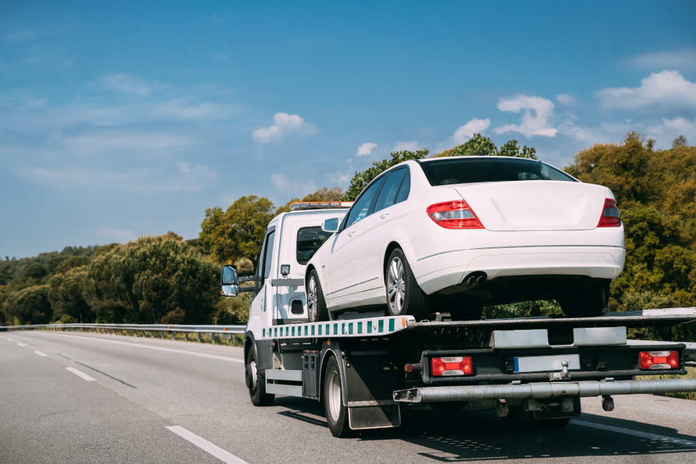 Flatbed towing service towing away a broken down car